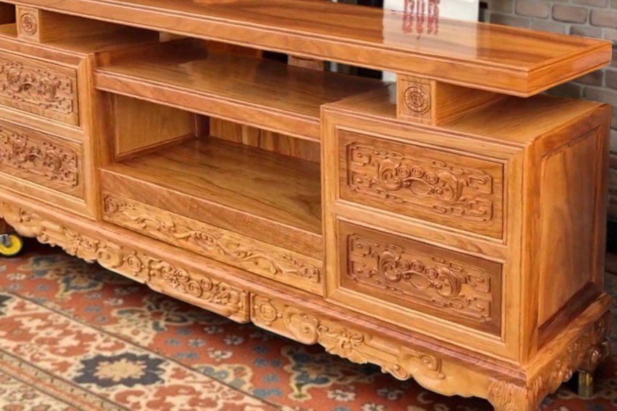 Chi tiết kệ tivi gỗ gõ đỏ cao cấp