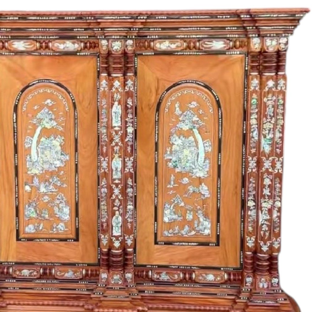 Tủ thờ gỗ căm xe gõ đỏ 9 trụ khảm xà cừ MS 3332 8 Chi tiết khảm xà cừ tủ thờ gỗ căm xe gõ đỏ 9 trụ