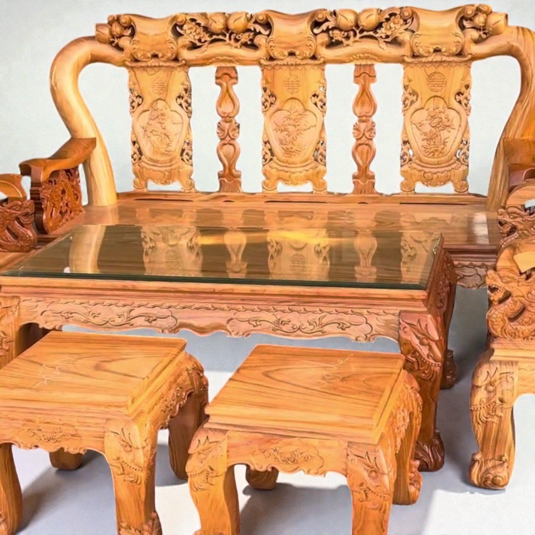 Chi tiết salon gỗ gõ đỏ tự nhiên 6 món thiết kế truyền thống