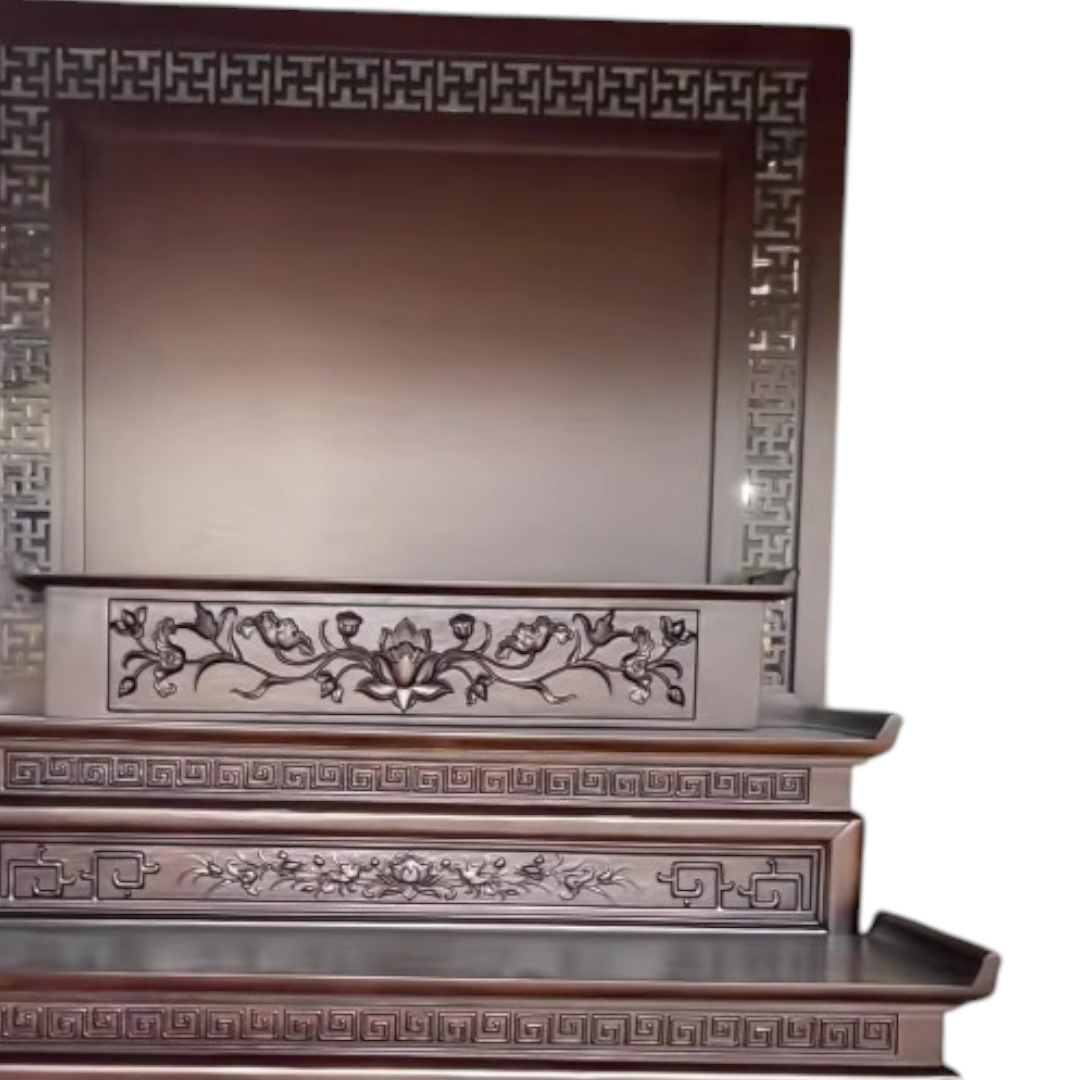 Chi tiết thiết kế bàn thờ gỗ 3 tầng sơn màu óc chó sang trọng