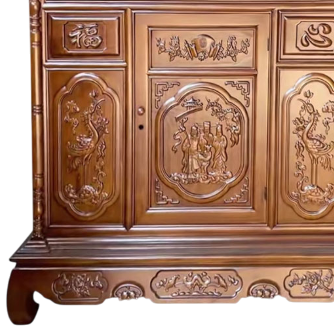 Chi tiết tủ thờ phong thủy sang trọng màu gỗ óc chó