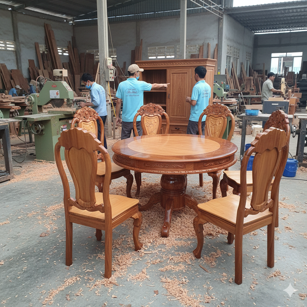 Bộ bàn ăn 8 ghế gỗ tự nhiên cao cấp MS 3363 9 Bộ bàn ăn tròn 8 ghế gỗ căm xe gõ đỏ tự nhiên