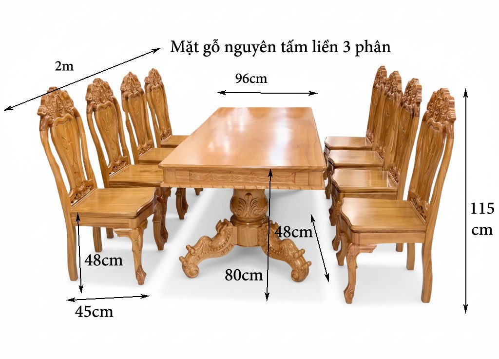 Bộ bàn ăn gỗ gõ đỏ mặt liền nguyên tấm 3 phân MS 3340 7 Kích thước bộ bàn ăn 8 ghế gỗ gõ đỏ
