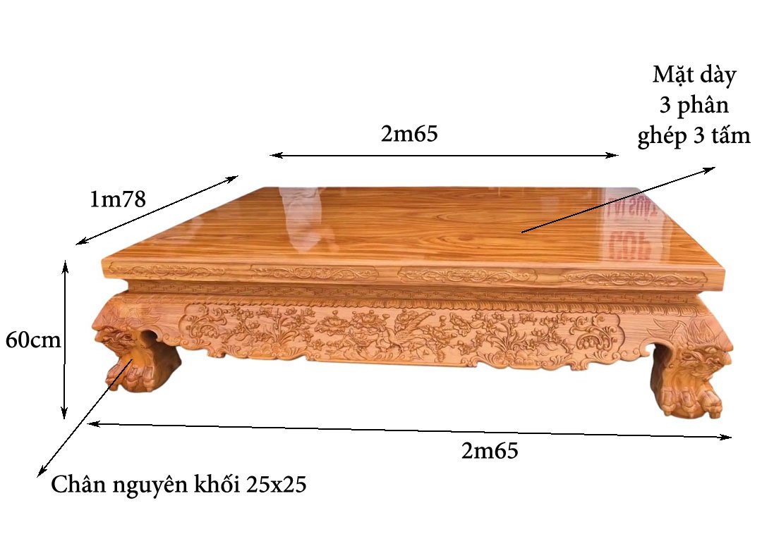 Bộ ván đi văng gỗ gõ đỏ chân quỳ cao cấp MS 3342 7 Kích thước đi văng gỗ gõ đỏ chân quỳ