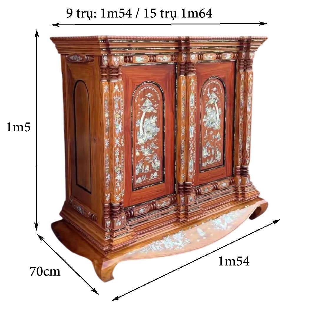 Tủ thờ gỗ căm xe gõ đỏ 9 trụ khảm xà cừ MS 3332 7 Kích thước tủ thờ gỗ căm xe gõ đỏ 9 trụ