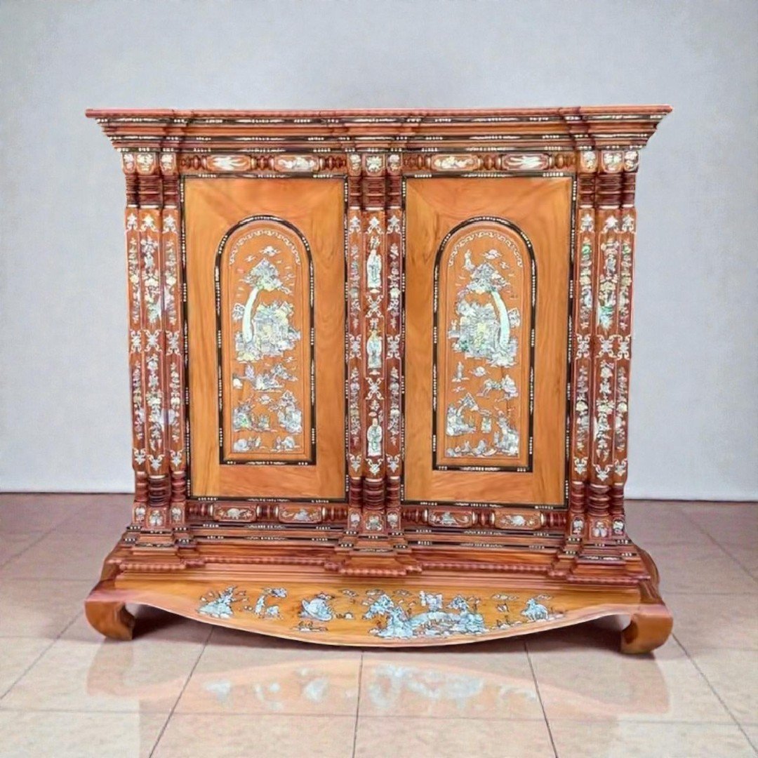 Tủ thờ gỗ căm xe gõ đỏ 9 trụ khảm xà cừ MS 3332 10 Tủ thờ gỗ căm xe gõ đỏ 9 trụ khảm xà cừ cao cấp