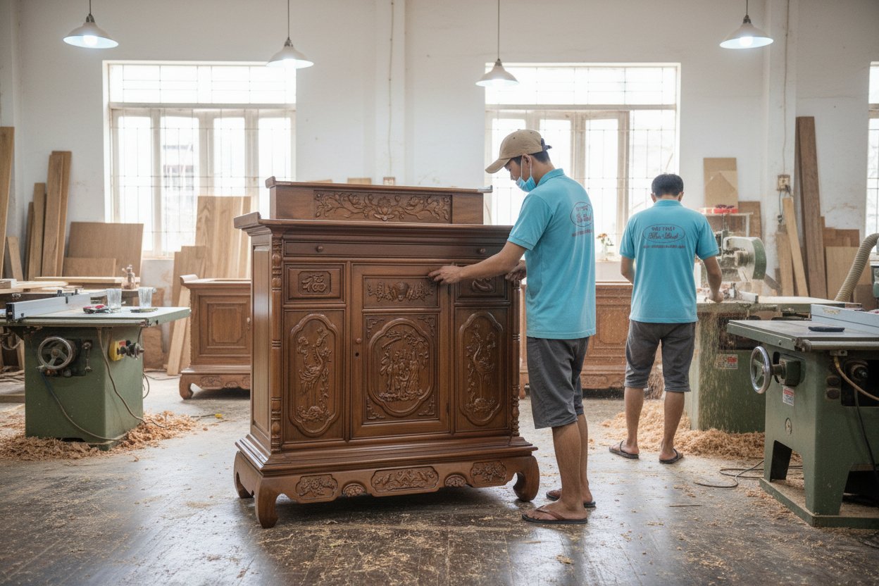 Tủ thờ 2 tầng sơn màu gỗ óc chó