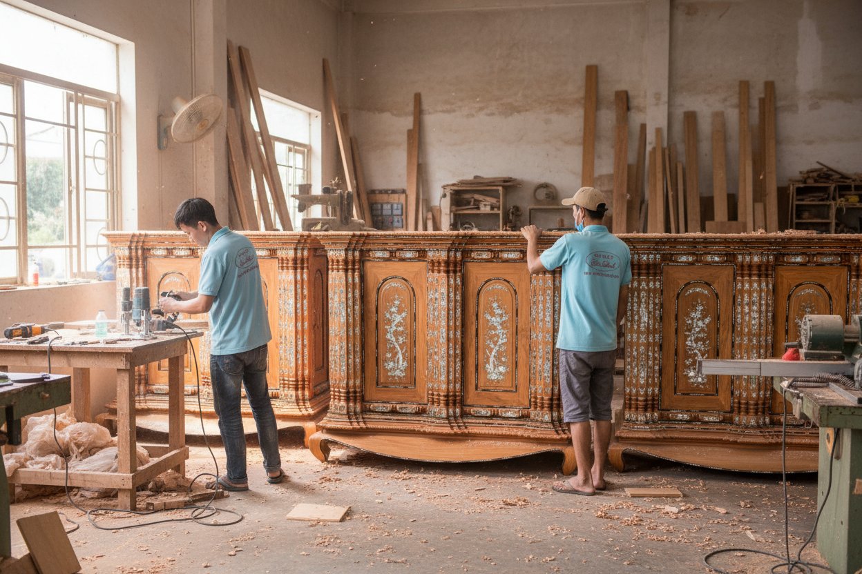 Tủ thờ cẩn xà cừ 19 trụ gỗ gõ đỏ