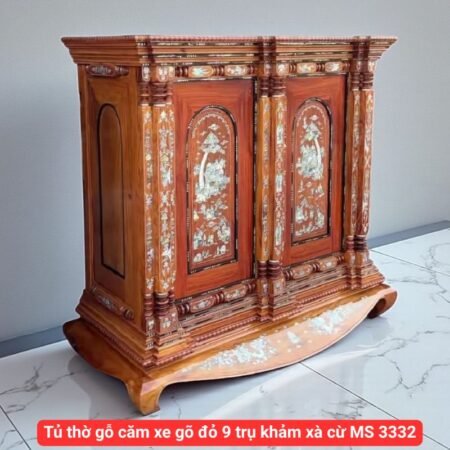 Tủ thờ gỗ căm xe gõ đỏ 9 trụ khảm xà cừ MS 3331