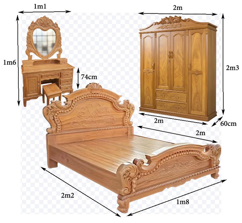 Kích thước combo phòng ngủ gỗ gõ đỏ tự nhiên sang trọng cao cấp