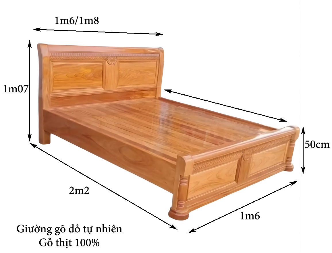 Kích thước giường gỗ đỏ cao cấp