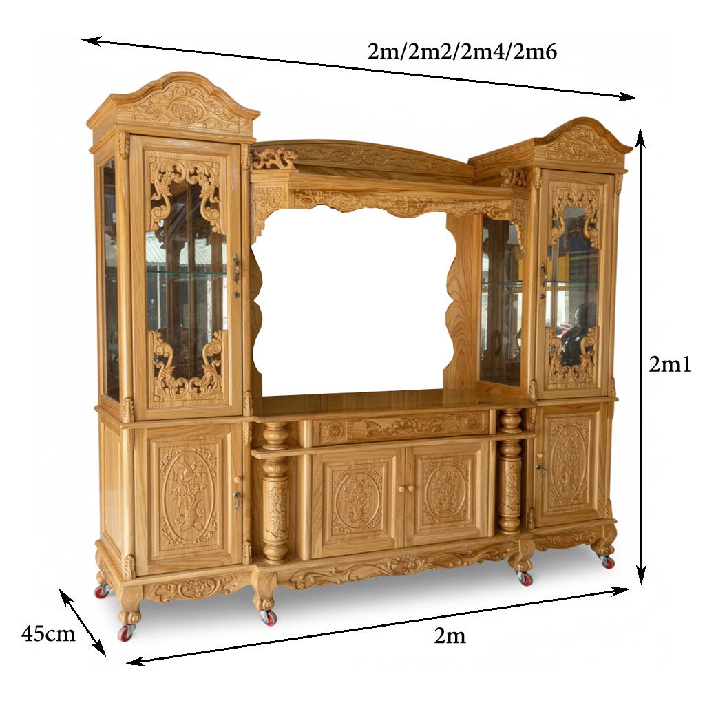 Kích thước kệ tivi kết hợp bàn thờ gỗ gõ đỏ