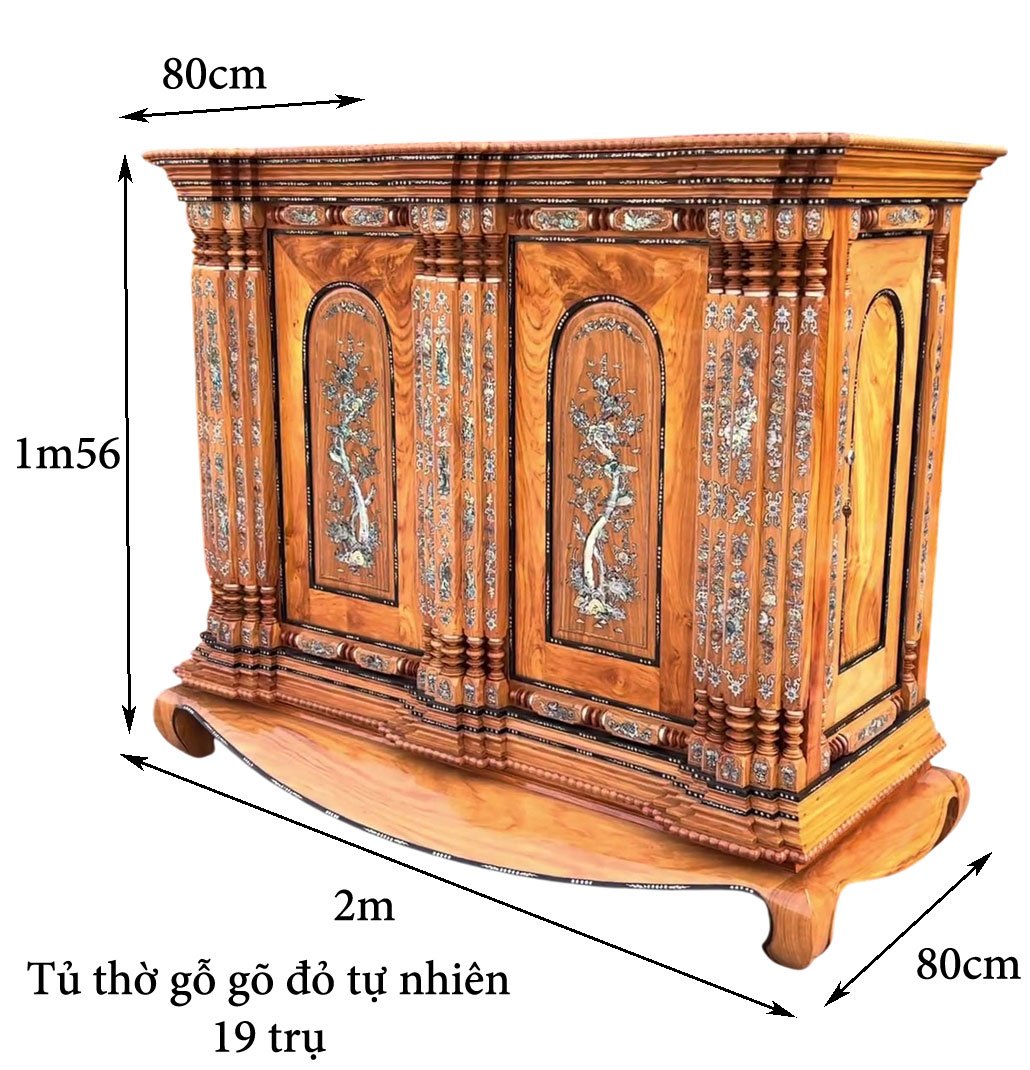 Kích thước tủ thờ cẩn xà cừ 19 trụ
