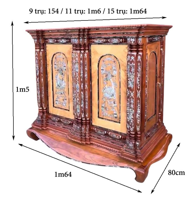 Kích thước tủ thờ gỗ căm xe gõ đỏ 15 trụ Kích thước tủ thờ gỗ căm xe gõ đỏ 15 trụ