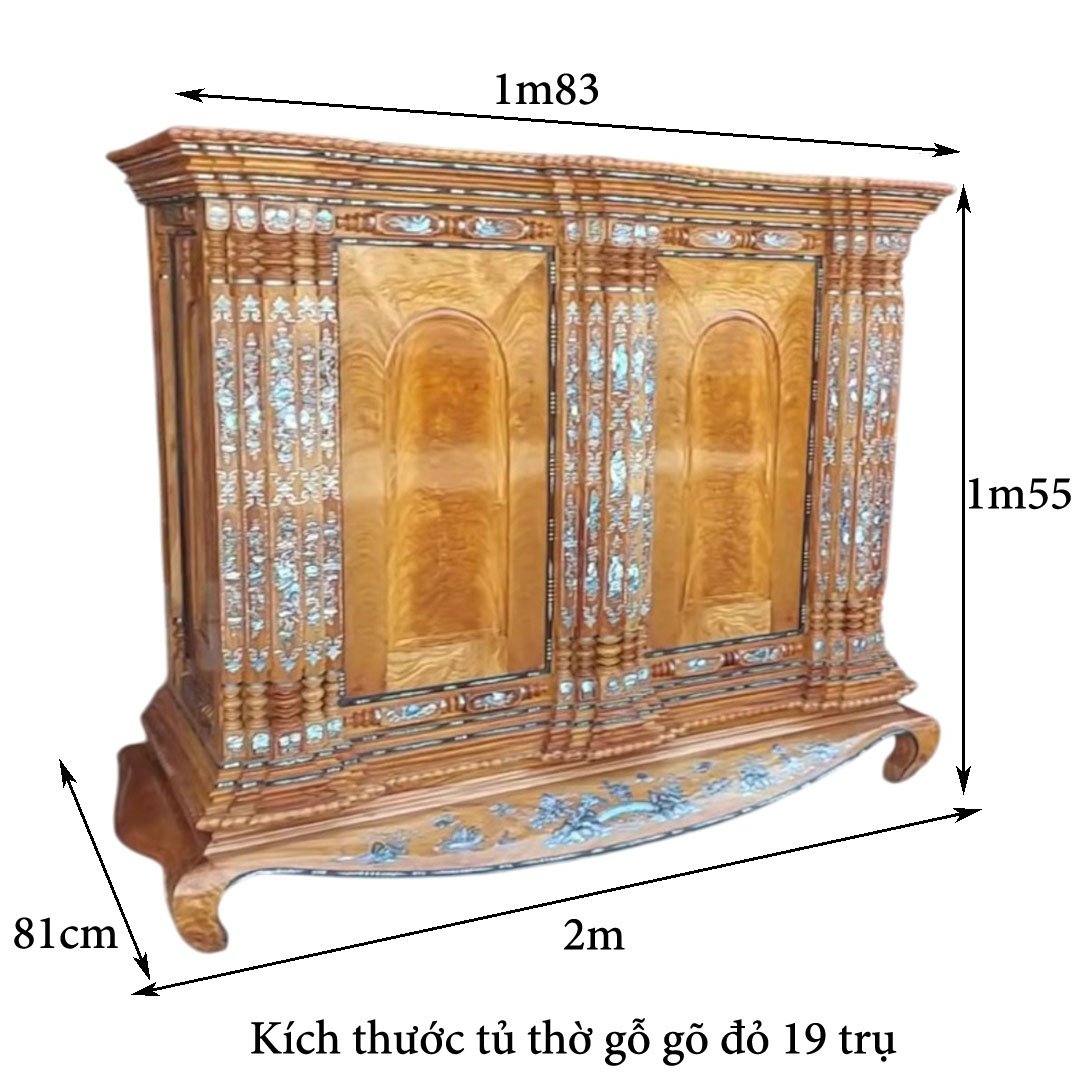 Kích thước tủ thờ gỗ gõ đỏ 19 trụ