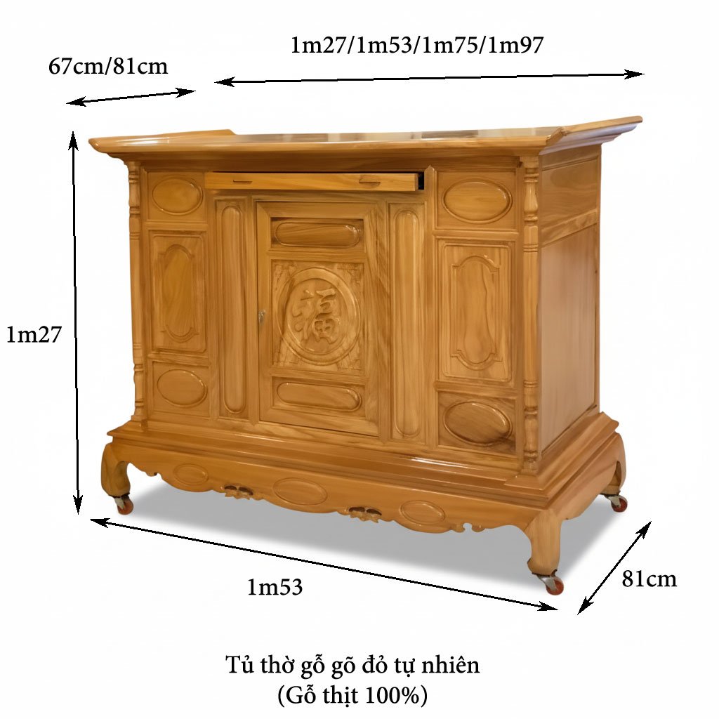 Kích thước tủ Thờ Gỗ Gõ Đỏ Tự Nhiên