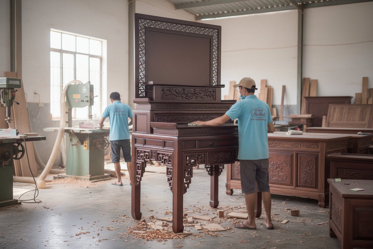 Bàn thờ gỗ 3 tầng sơn màu óc chó sang trọng