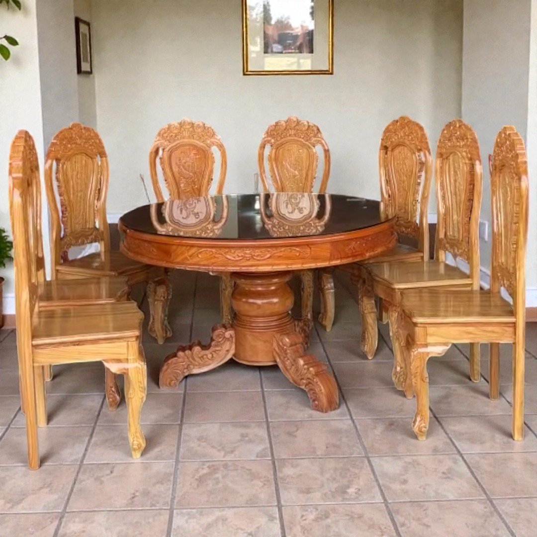 Bàn ăn gỗ gõ đỏ tròn đường kính 1m37 với 8 ghế cao cấp