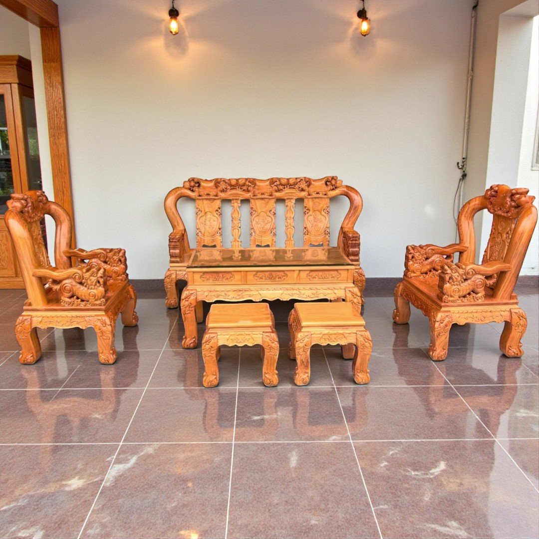 Bộ salon gỗ phòng khách tay Nghê siêu vip