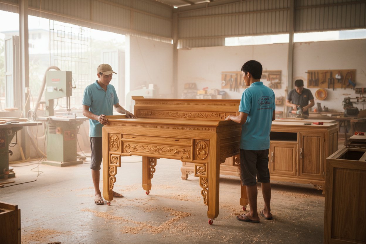 Bàn cúng 2 tầng chạm sen gỗ gõ đỏ