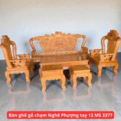 Bàn ghế gỗ chạm Nghê Phượng tay 12 MS 3377