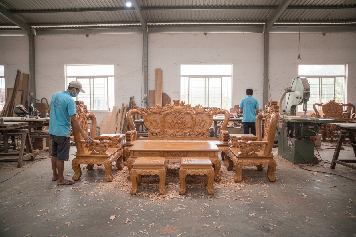 Bàn ghế gỗ gõ đỏ chạm Nghê Phượng tay 12 sang trọng