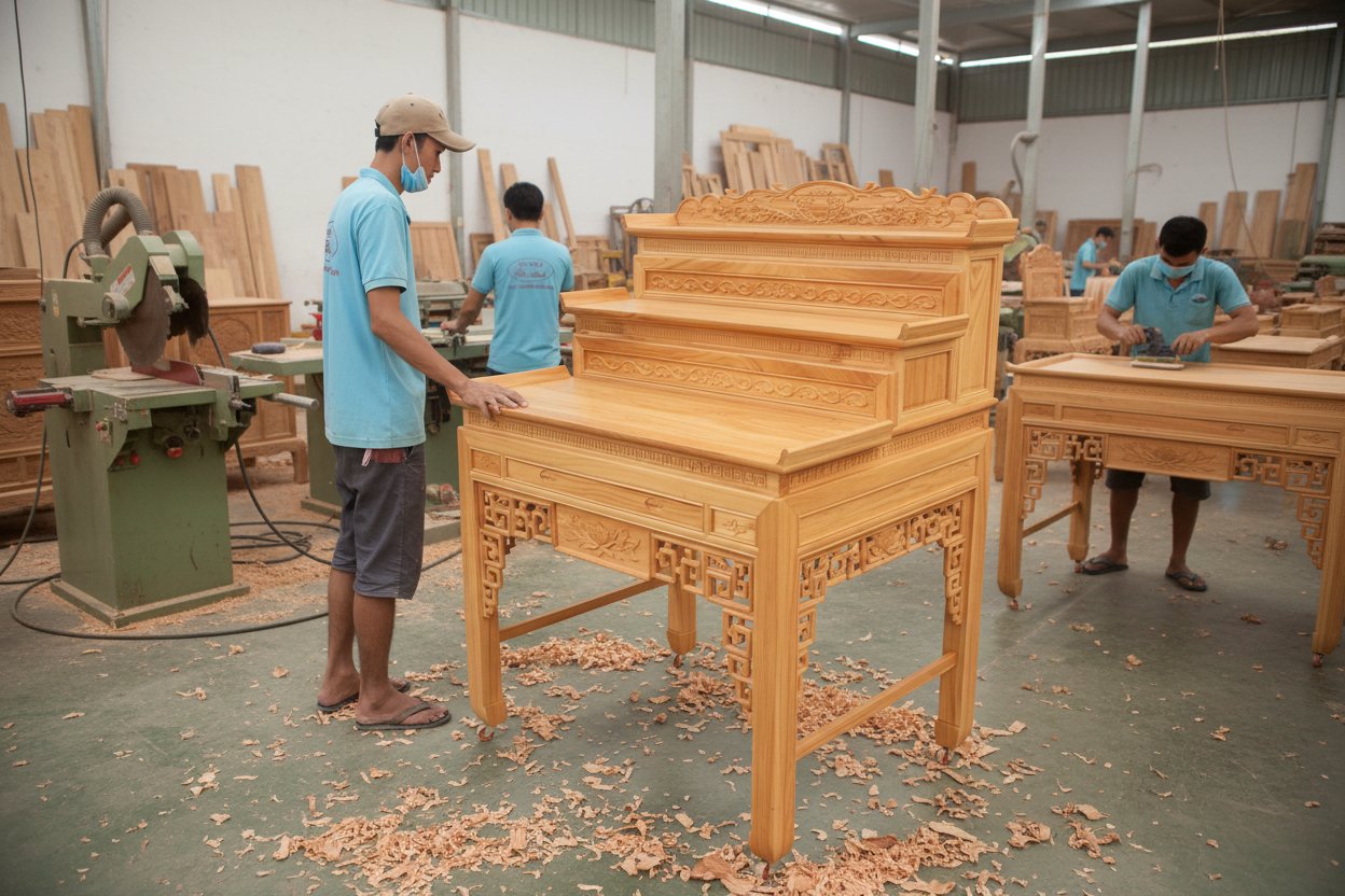 Bàn thờ gỗ gõ đỏ 3 tầng cao cấp MS 3376 9 Bàn thờ gỗ gõ đỏ 3 tầng gỗ tự nhiên cao cấp