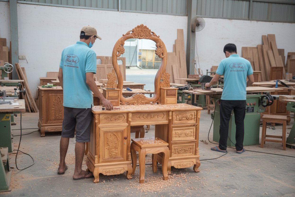 Bàn trang điểm gỗ tự nhiên gõ đỏ rộng 1m1