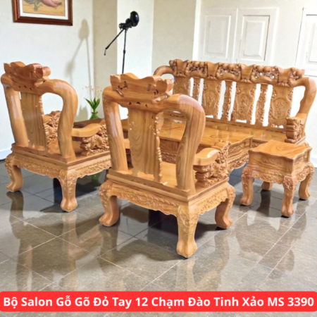 Bộ Salon Gỗ Gõ Đỏ Tay 12 Chạm Đào Tinh Xảo MS 3390