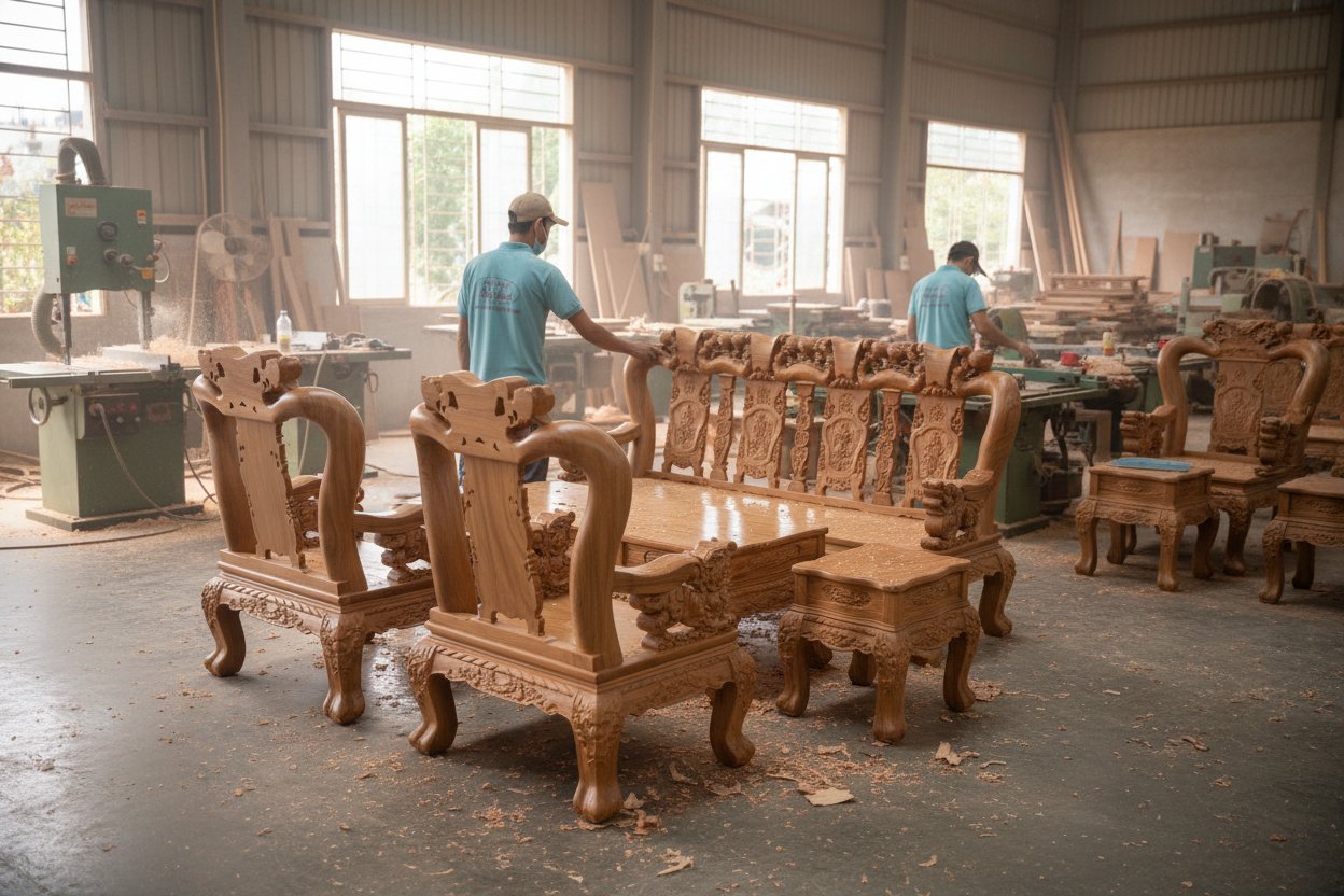 Bộ Salon Gỗ Gõ Đỏ Tay 12 Chạm Đào Tinh Xảo MS 3390