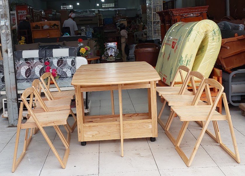 Bộ bàn ăn xếp gọn gỗ tự nhiên 1m4 kèm 6 ghế xếp