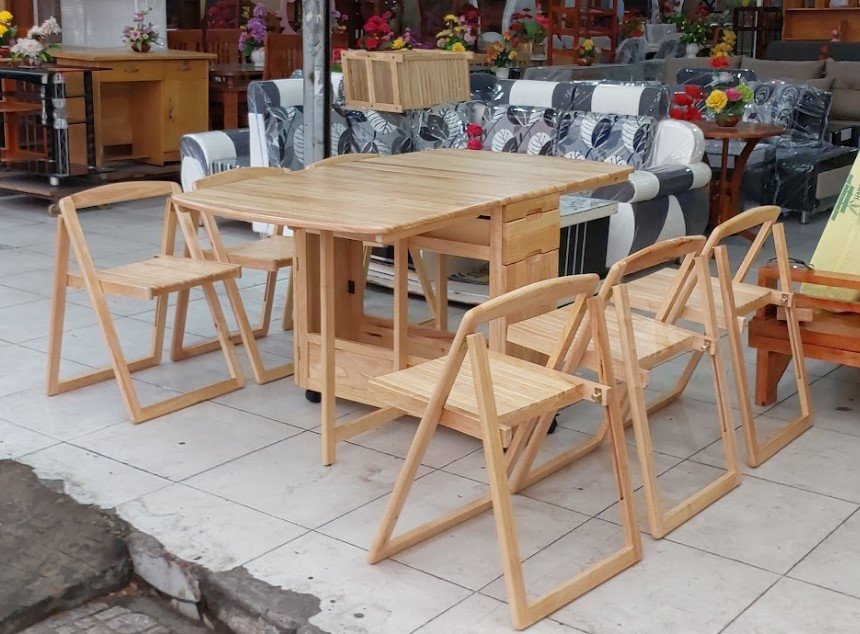 Bộ bàn ăn xếp gọn gỗ tự nhiên 1m4 kèm 6 ghế xếp