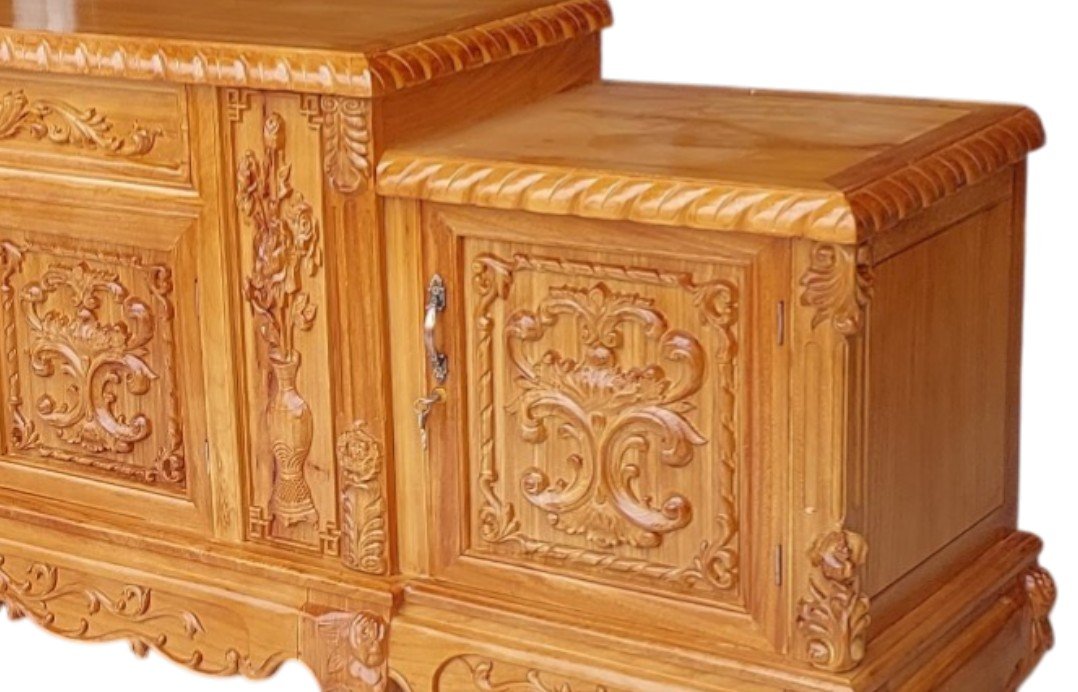 Chi tiết kệ tivi gỗ tự nhiên mẫu hoàng gia chạm khắc tinh xảo