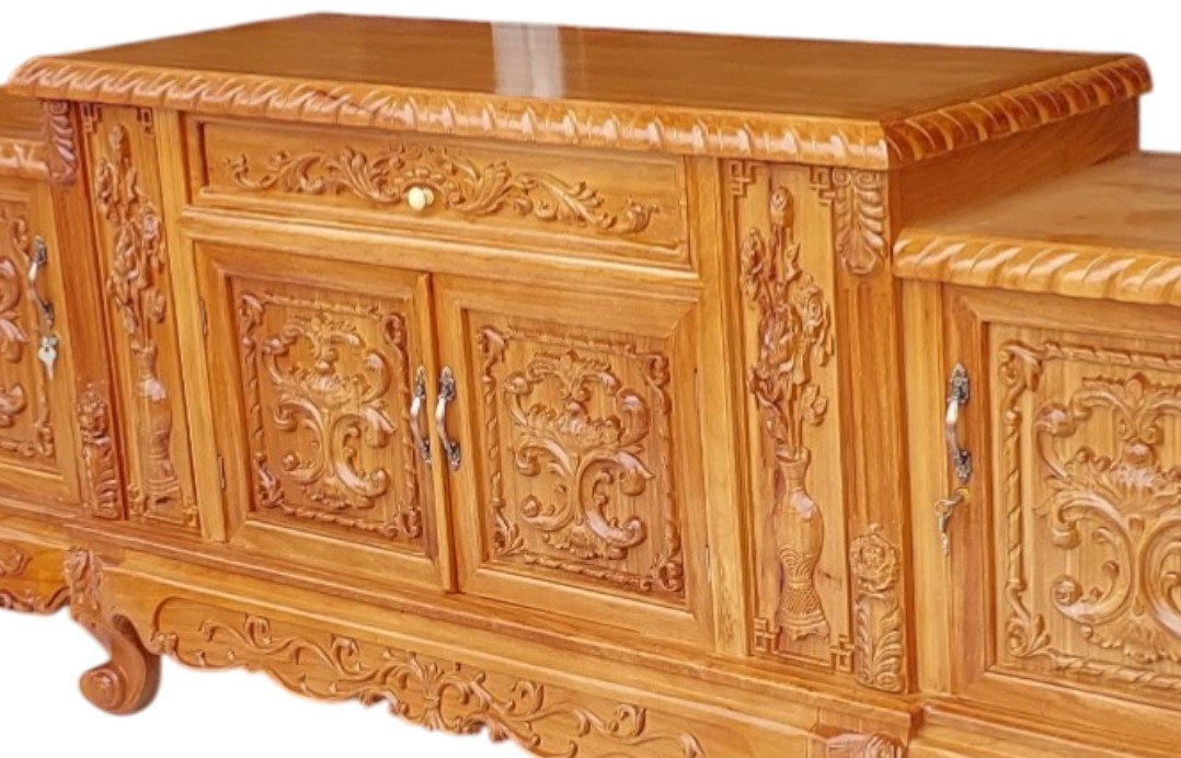 Chi tiết kệ tivi gỗ tự nhiên mẫu hoàng gia phòng khách sang trọng