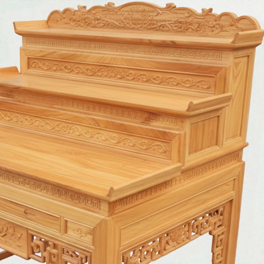 Bàn thờ gỗ gõ đỏ 3 tầng cao cấp MS 3376 7 Chi tiết thiết kế bàn thờ gỗ gõ đỏ 3 tầng chuẩn phong thủy