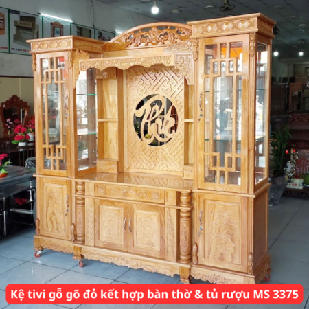 Kệ tivi gỗ gõ đỏ kết hợp bàn thờ & tủ rượu MS 3375