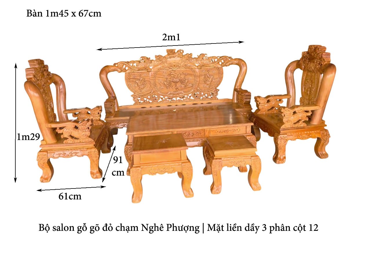 Kích thước bàn ghế gỗ chạm Nghê Phượng tay 12