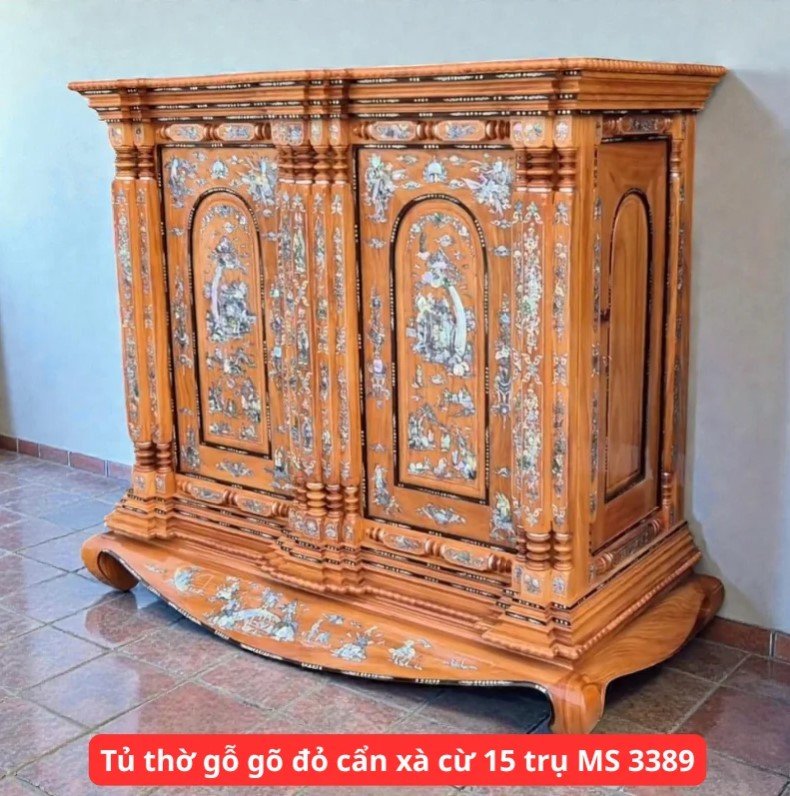 Tủ thờ gỗ gõ đỏ cẩn xà cừ 15 trụ MS 3389 Tủ thờ gỗ gõ đỏ cẩn xà cừ 15 trụ MS 3389