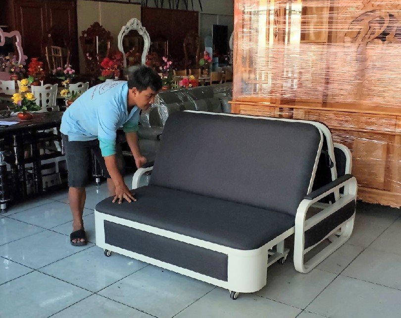 Sofa giường vải bố màu trắng xám hiện đại Sofa giường vải bố màu trắng xám hiện đại