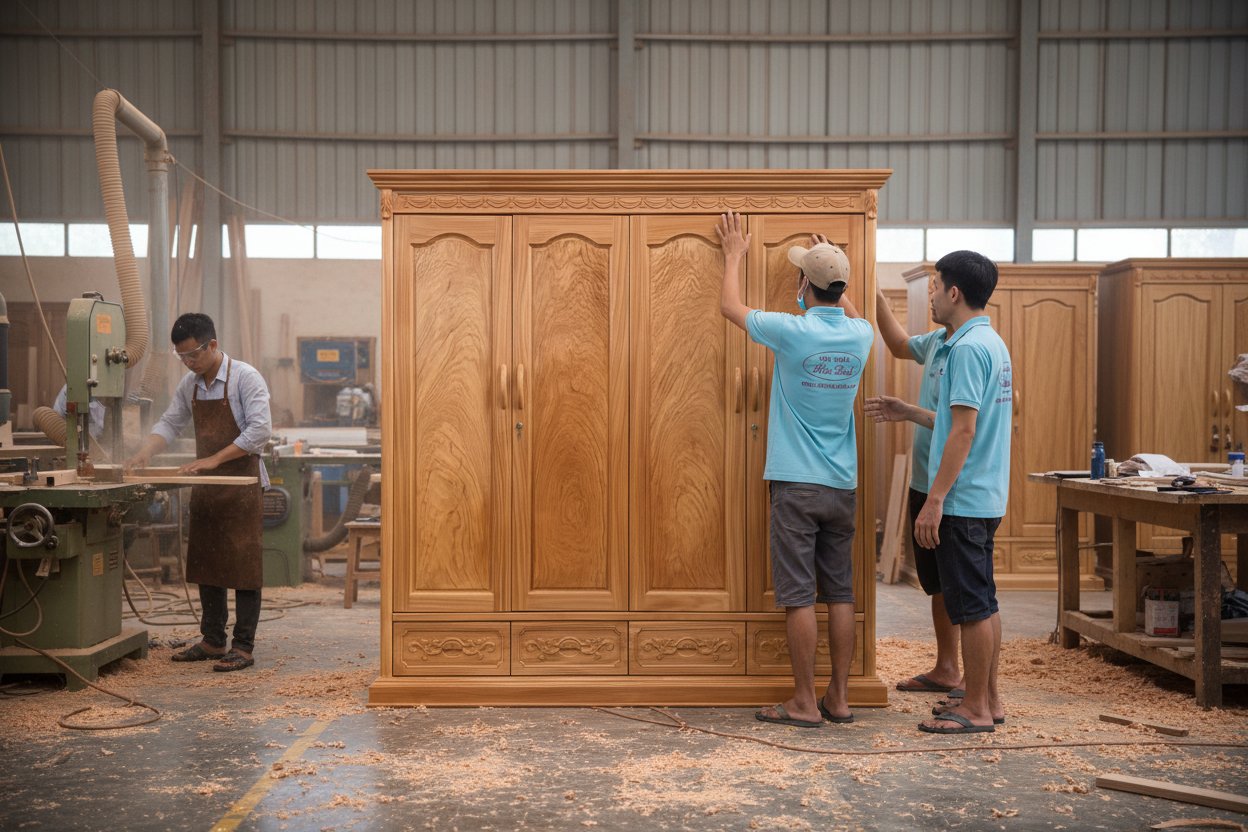 Tủ quần áo 4 cánh gỗ gõ đỏ