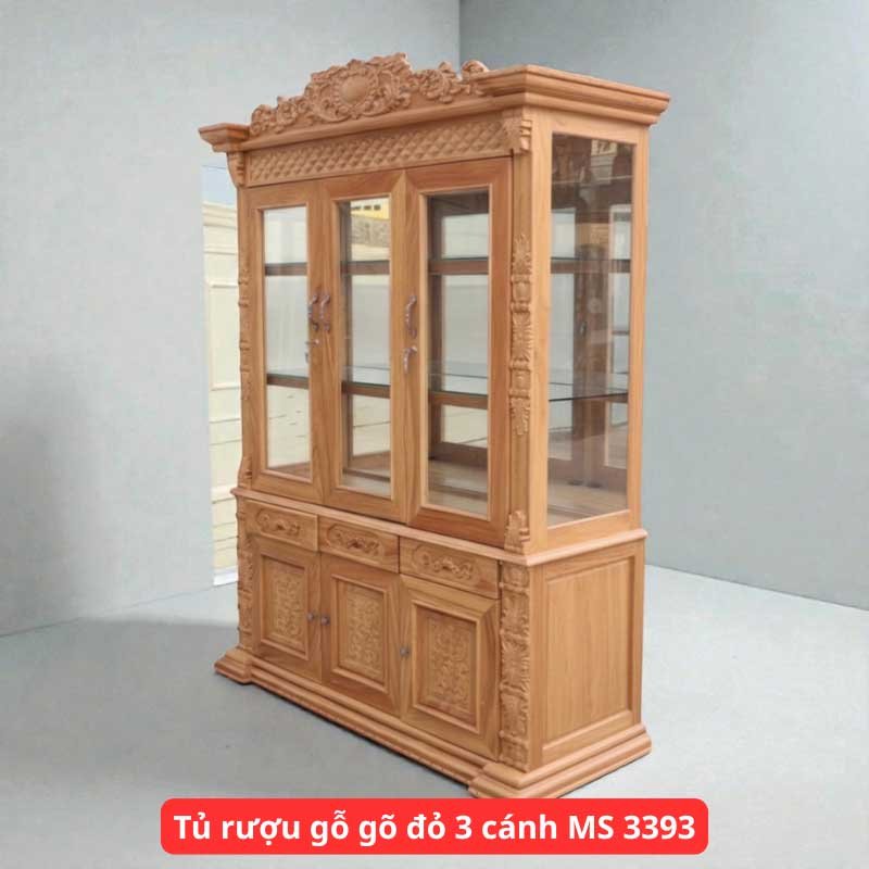 Tủ rượu gỗ gõ đỏ 3 cánh MS 3393 Tủ rượu gỗ gõ đỏ 3 cánh MS 3393