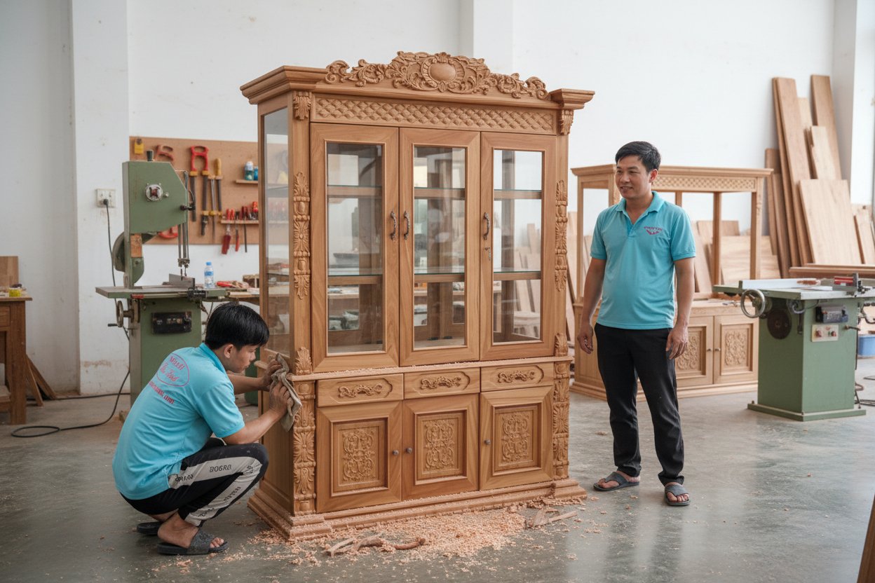 Tủ rượu gỗ gõ đỏ 3 cánh màu gỗ tự nhiên sang trọng