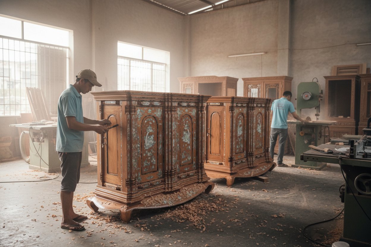 Tủ thờ gỗ Gõ Đỏ cẩn xà cừ