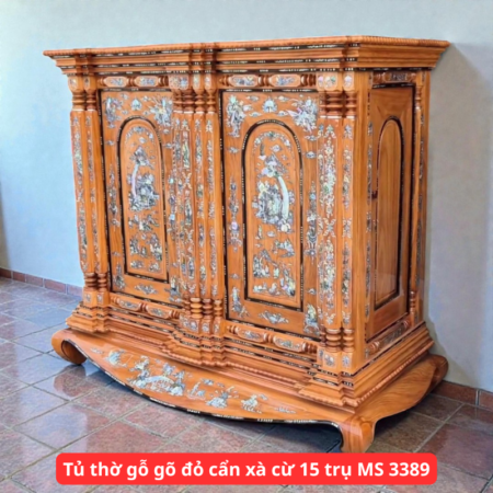 Tủ thờ gỗ gõ đỏ cẩn xà cừ 15 trụ MS 3389