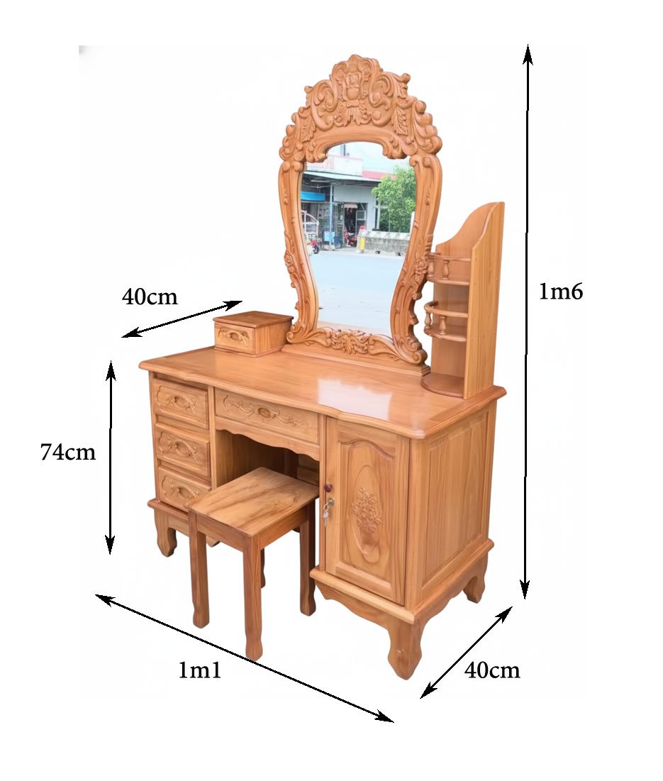 Kích thước bàn trang điểm gỗ gõ đỏ tự nhiên cao cấp