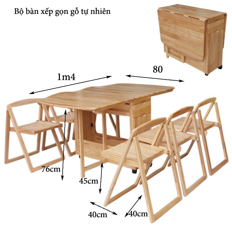 Kích thước bàn ăn xếp gọn gỗ tự nhiên