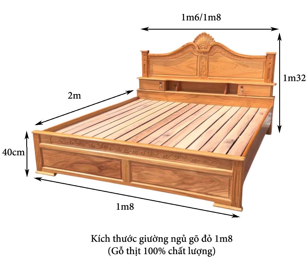 Kích thước giường gỗ gõ đỏ hiện đại