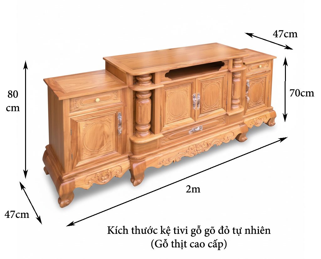 Kích thước kệ tivi đẹp gỗ gõ đỏ tự nhiên phòng khách sang trọng