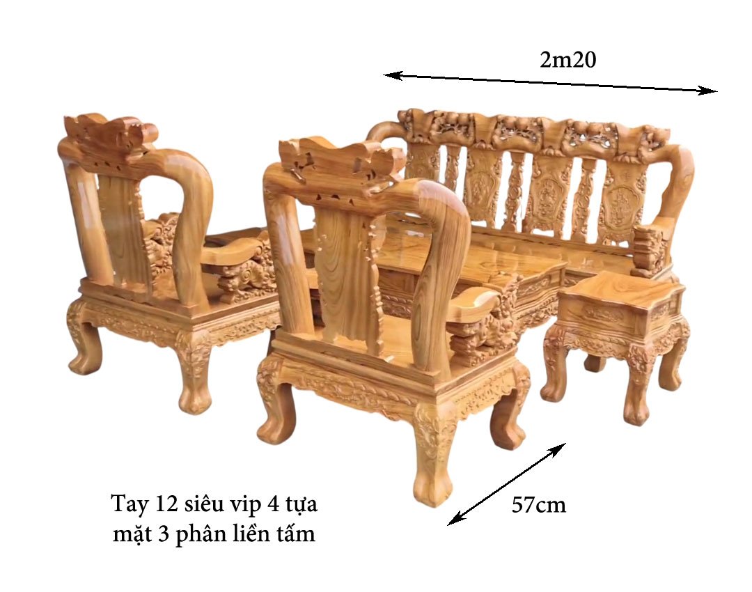 Kích thước bộ Salon Gỗ Gõ Đỏ Tay 12 Chạm Đào Tinh Xảo