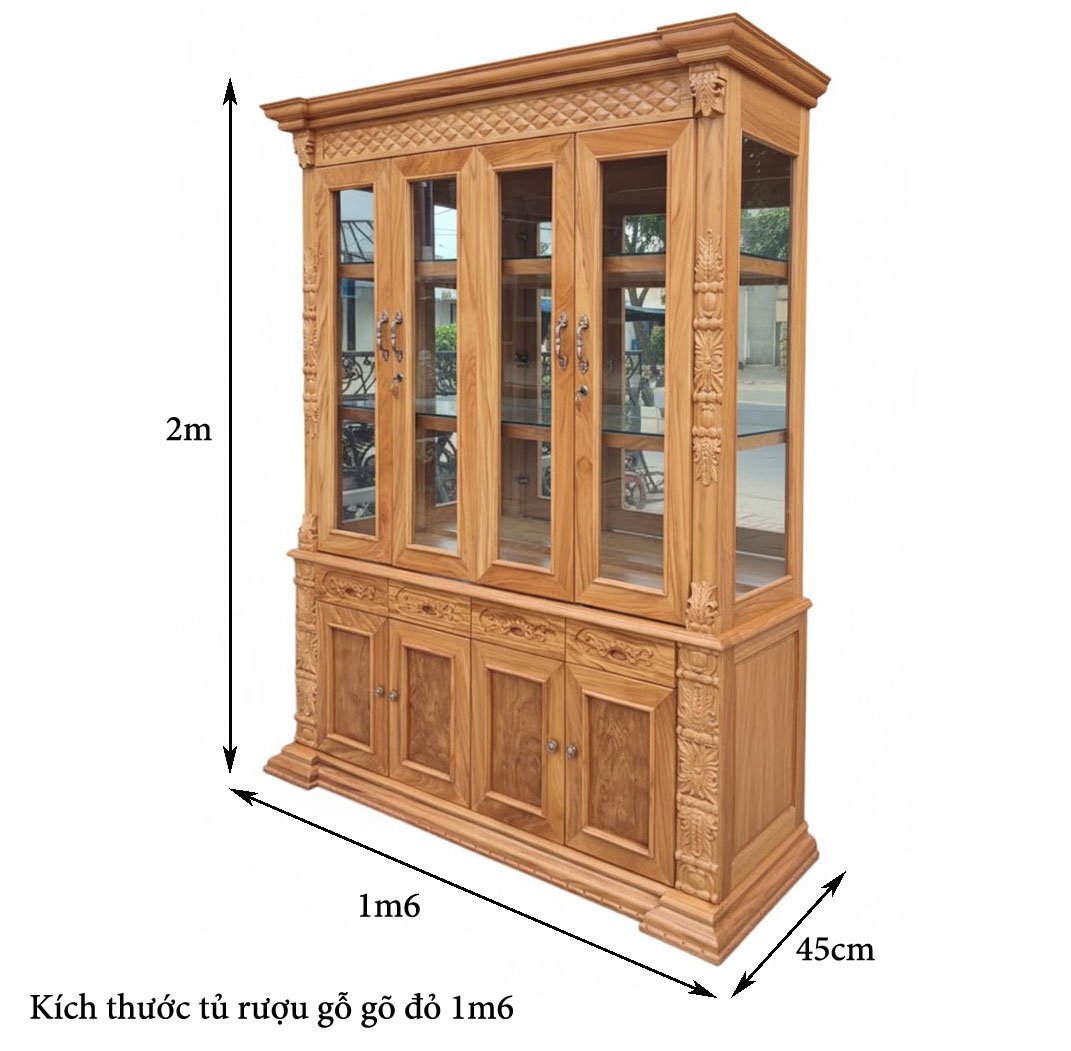 Tủ rượu gỗ gõ đỏ 1m6 MS 3392 7 Kích thước tủ rượu gỗ gõ đỏ 1m6